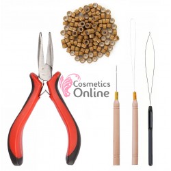 Set pentru extensii de par cu cleste SMR04H, 100 microring si accesorii, Blond Inchis 19862 